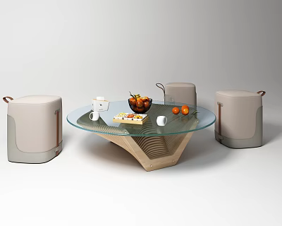 Modern Glass Top Coffee Table With Wooden Base Tray Fruits And Beige Ottomans 3d model