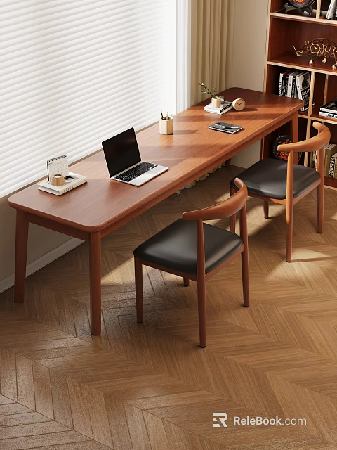 Wooden Desk And Chair Set With Black Leather Seats Laptop Notebooks And Bookshelf 3d model 