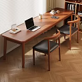 Wooden Desk And Chair Set With Black Leather Seats Laptop Notebooks And Bookshelf