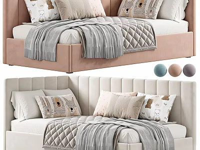 Kids Bed With Upholstered Design Three Color Options Quilted Blanket And Cartoon Pillows 3d model
