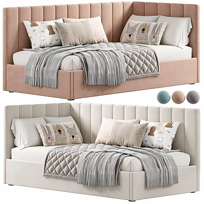 Kids Bed With Upholstered Design Three Color Options Quilted Blanket And Cartoon Pillows 3d model