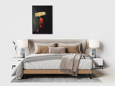 Modern Double Bed With Headboard Cushions Nightstands Blue Table Lamps And Red Wall Painting 3d model