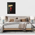 Modern Double Bed With Headboard Cushions Nightstands Blue Table Lamps And Red Wall Painting