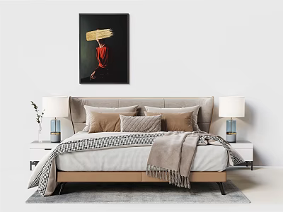 Modern Double Bed With Headboard Cushions Nightstands Blue Table Lamps And Red Wall Painting 3d model