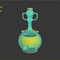 Artistic Glass Bottle Sculpture With Golden Metal Frame And Yellow Liquid Cork Stopper