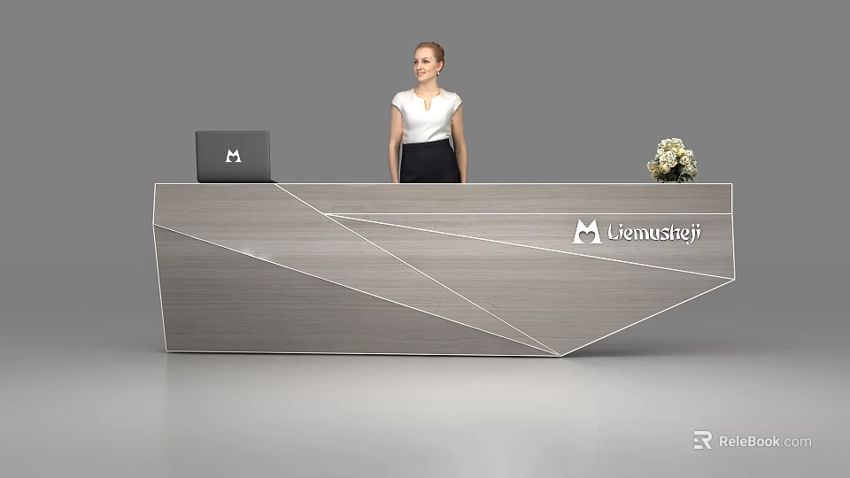 Modern Reception Desk with Laptop Flower Arrangement Geometric Lines and Company Logo 3d model 