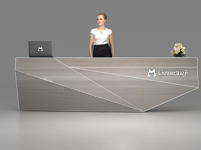 Modern Reception Desk with Laptop Flower Arrangement Geometric Lines and Company Logo 3d model
