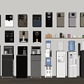 Various Water Dispensers And Coffee Machines Arranged Along Wall With Different Colors Styles Standing Countertop