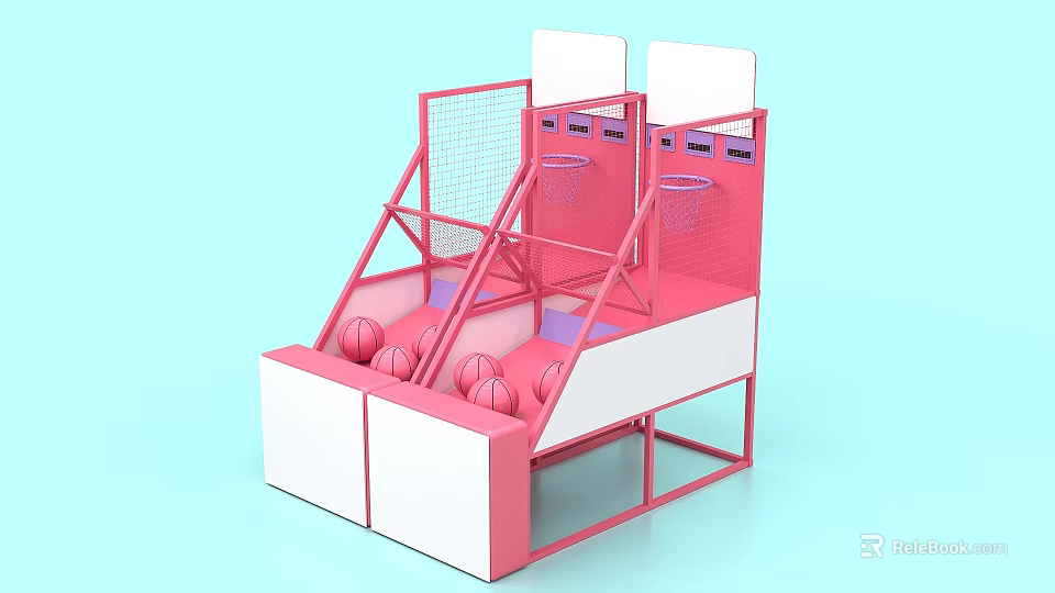 Interactive Zone Featuring Pink Basketball Shooting Structure With Multiple Hoops And Balls 3d model 