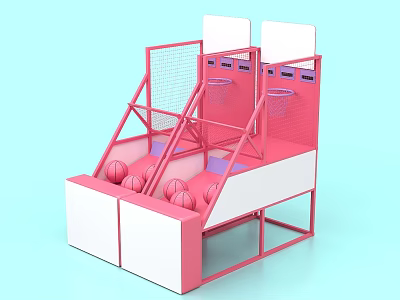 Interactive Zone Featuring Pink Basketball Shooting Structure With Multiple Hoops And Balls 3d model