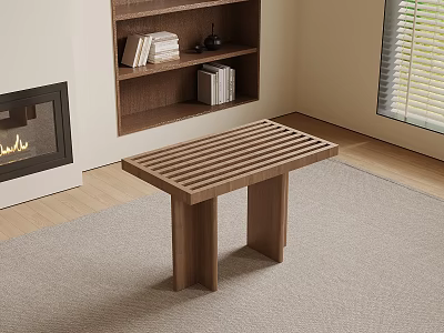 Minimalist Wooden Bench With Slatted Top In Living Room With Fireplace And Neutral Rug 3d model
