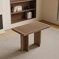 Minimalist Wooden Bench With Slatted Top In Living Room With Fireplace And Neutral Rug