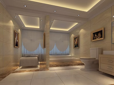 Modern SPA Sauna Interior With Massage Bed Bathtub And Decorative Paintings 3d model