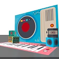 Vibrant Photo Spot With Blue Device Red Circular Button Social Media Icons And Keyboard Mat