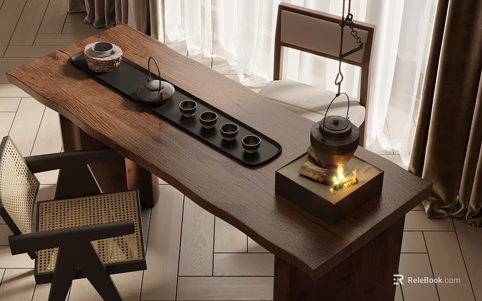 Traditional Wooden Tea Table And Chairs With Teapot Teacups And Heating Lantern Near Window Curtains 3d model 
