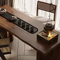 Traditional Wooden Tea Table And Chairs With Teapot Teacups And Heating Lantern Near Window Curtains