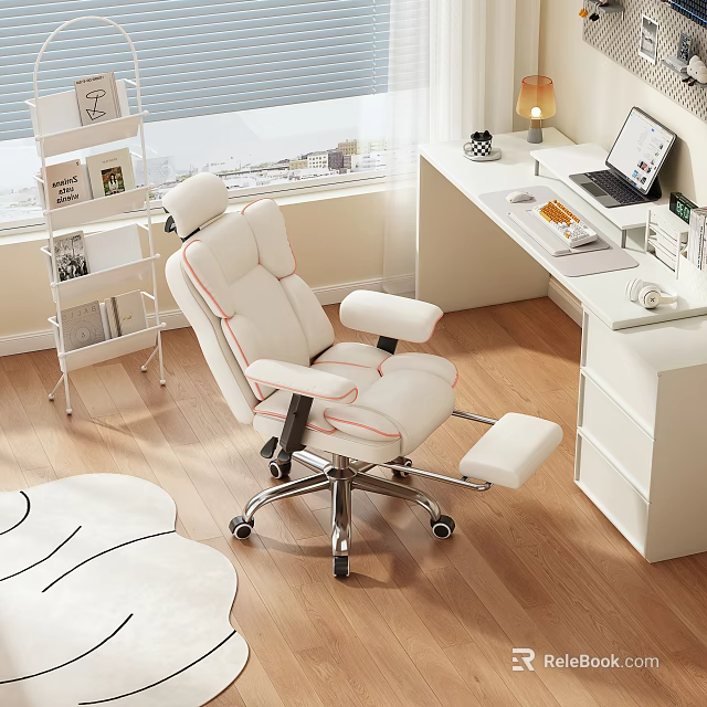 Modern Home Office Desk Setup With Ergonomic Chair Laptop Desk Lamp And Bookshelf 3d model 
