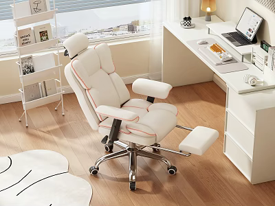 Modern Home Office Desk Setup With Ergonomic Chair Laptop Desk Lamp And Bookshelf 3d model