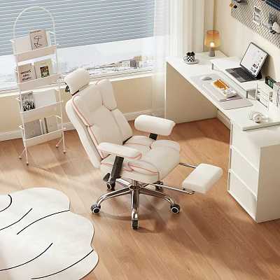 Modern Home Office Desk Setup With Ergonomic Chair Laptop Desk Lamp And Bookshelf 3d model