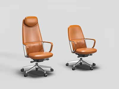 Two Orange Leather Office Chairs with High Back Armrests and Swivel Wheels 3d model