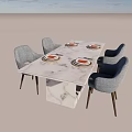 Modern Dining Table Set With Marble Top And Gray Navy Blue Chairs 3d model