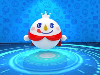 White Spherical Character With Crown Red Scarf Smiling Face And Glowing Halo On Blue Background 3d model