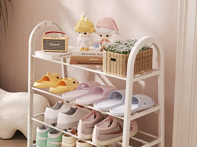 White Multi tier Shoe Rack with Slippers Sneakers Decorative Dolls Wicker Basket and Green Plants 3d model