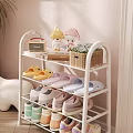White Multi tier Shoe Rack with Slippers Sneakers Decorative Dolls Wicker Basket and Green Plants