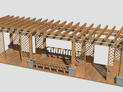 Wooden Pergola with Lattice Sides and Built in Bench on Wooden Platform 3d model