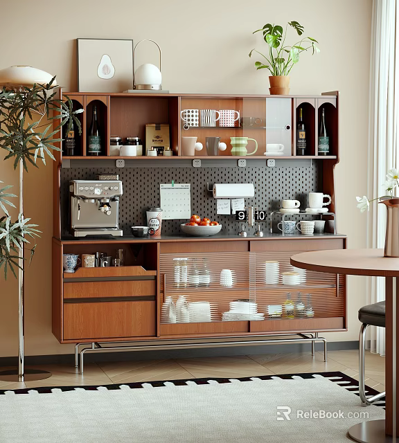 Modern Wooden Sideboard with Glass Doors Drawers Coffee Machine Mugs Fruits Dishes and Potted Plant 3d model 