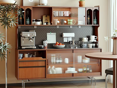 Modern Wooden Sideboard with Glass Doors Drawers Coffee Machine Mugs Fruits Dishes and Potted Plant 3d model
