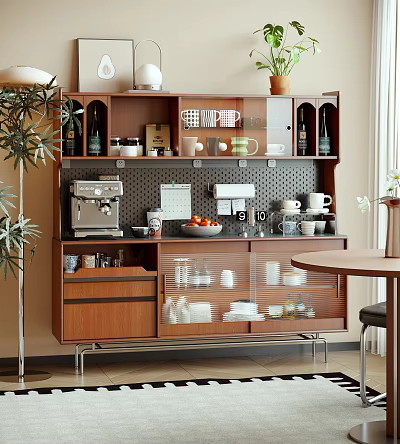 Modern Wooden Sideboard with Glass Doors Drawers Coffee Machine Mugs Fruits Dishes and Potted Plant 3d model