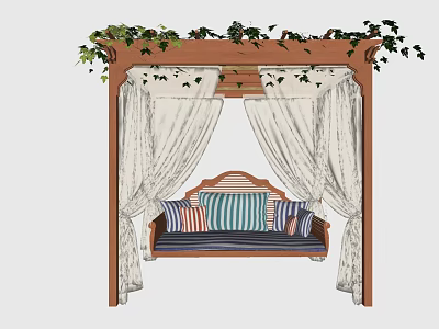 Cozy Hammock With Wooden Frame Vines Striped Cushions And White Curtains 3d model