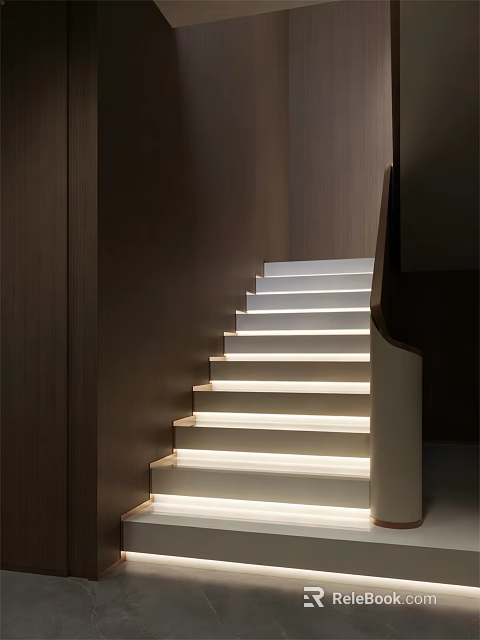 Sleek Modern Staircase Design With Illuminated Steps And Dark Wooden Walls 3d model 