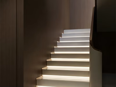 Sleek Modern Staircase Design With Illuminated Steps And Dark Wooden Walls 3d model