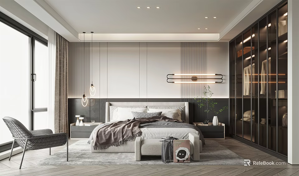 Modern Bedroom Interior With King Size Bed Nightstands And Pendant Lights Wardrobe 3d model 