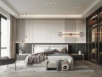 Modern Bedroom Interior With King Size Bed Nightstands And Pendant Lights Wardrobe 3d model