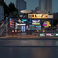 Night View Outdoor Restaurant With Neon Signs Tables Umbrellas And City Skyline