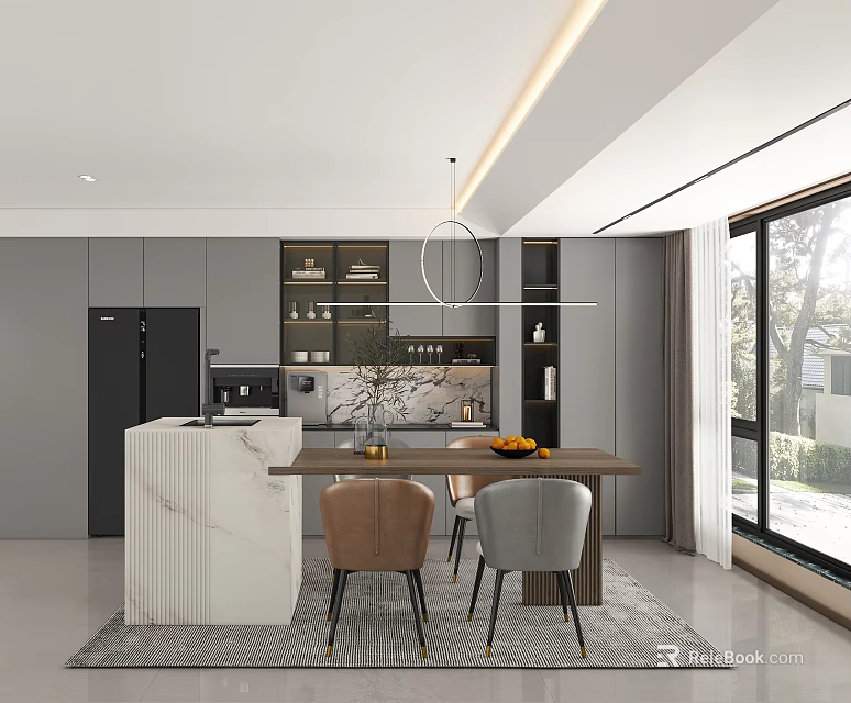 Modern Restaurant Interior Design With Dining Table Chairs Hanging Lamp And Large Windows 3d model