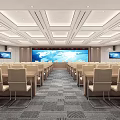 Spacious Modern Conference Room With Arranged Seats Podium Ceiling Lights Curtained Windows and TV Screens