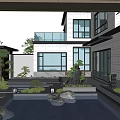 Traditional Modern Courtyard Garden With Pavilion Water Feature Greenery And Stone Pathway Design
