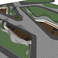 Modern Park Landscape With Winding Paved Pathways Curved Seats Green Shrubs And People