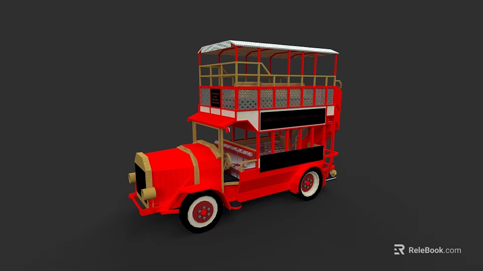Vintage Red Double Decker Bus With Open Top And Gold Accents 3d model 