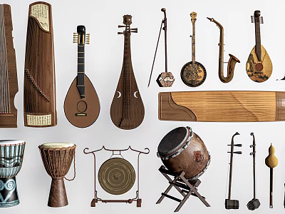 Varied Musical Instruments And Art Supplies Collection With String Wind Percussion Instruments Brushes And Paints 3d model