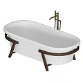 Elegant Modern Freestanding White Bathtub With Wooden Legs And Gold Faucet