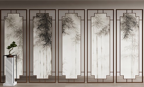 Ink Bamboo Forest Screen Green Plant Ornaments Partition 3d model