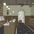 Cozy Restaurant Interior with Wooden Bar Counter Stools Hanging Lights Large Windows and Patterned Floor