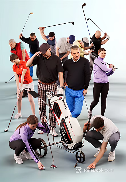 Group of People Preparing for Golf with Clubs and Golf Bag Outdoors 3d model 