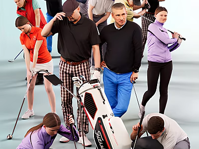 Group of People Preparing for Golf with Clubs and Golf Bag Outdoors 3d model
