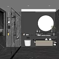 Modern Bathroom Interior Design With Gray Marble Walls Round Mirror Shower Vanity And Toilet